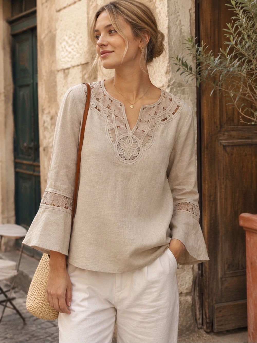 Anne Carson 100% Linen Embroidered Lace Top M Coastal Resort Euro Vacation Luxe